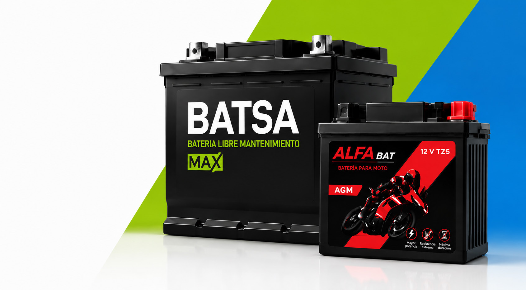 Batería BATSA para automóvil junto a batería Alfabat para moto