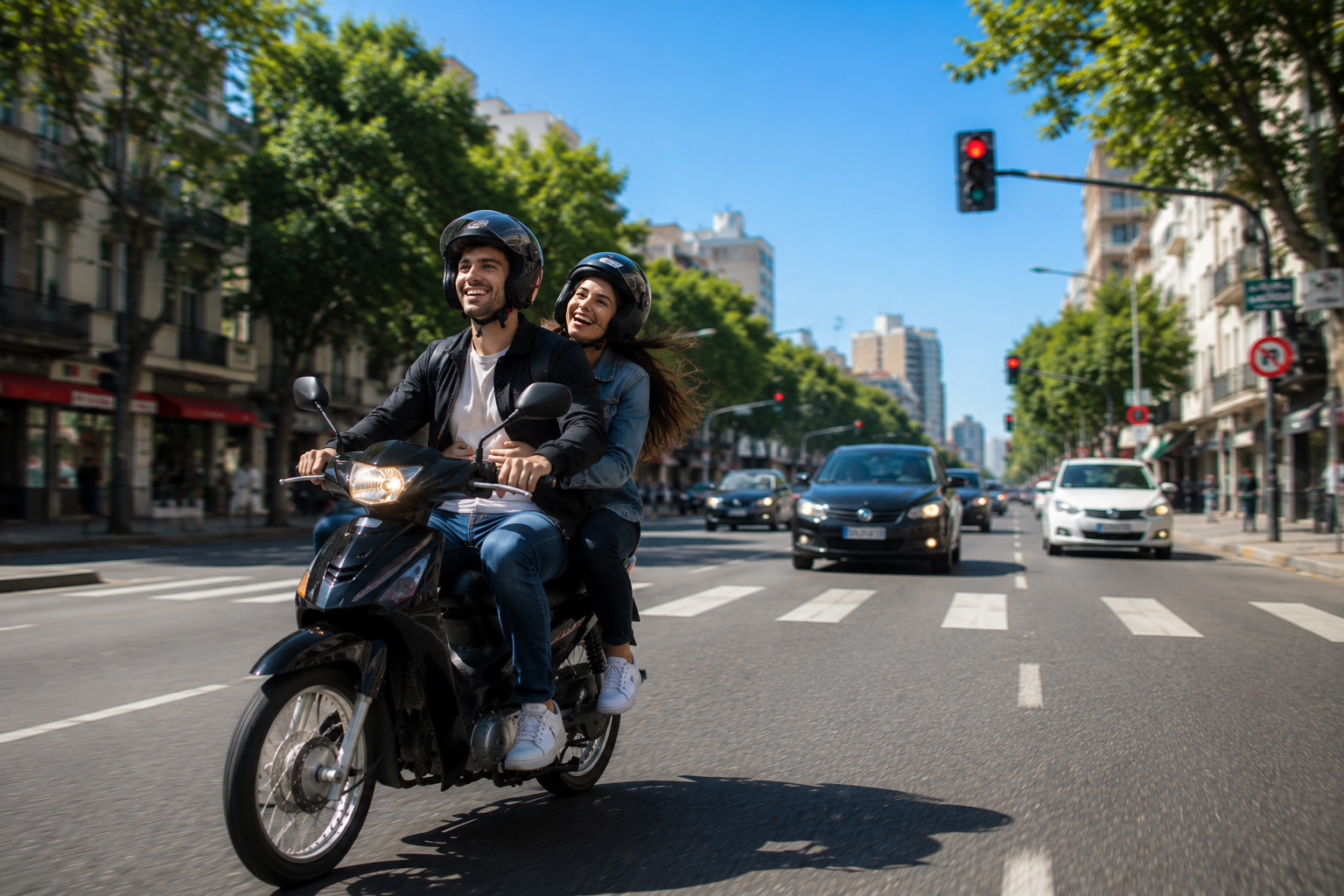 Pareja viajando en moto por una avenida de Rosario con tránsito urbano